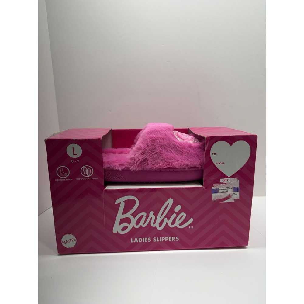 Barbie Fuzzy Slippers Pink Size L 8-9Women's Rubber Sole NIB Heart Sparkles
